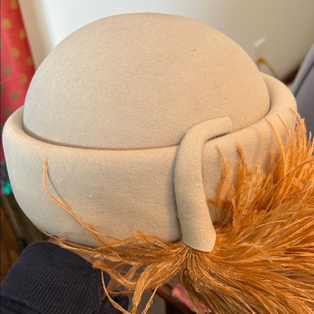 Women's Tan Hat with Feather Accent - Picture 8 of 10